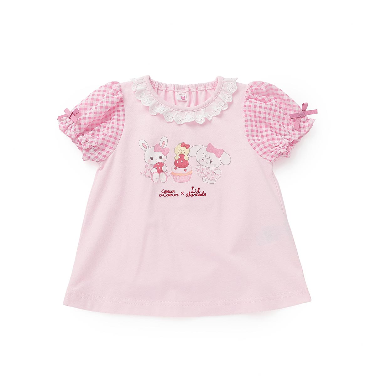 Lil ala mode 袖ギンガムチェックTシャツ（ピンク）