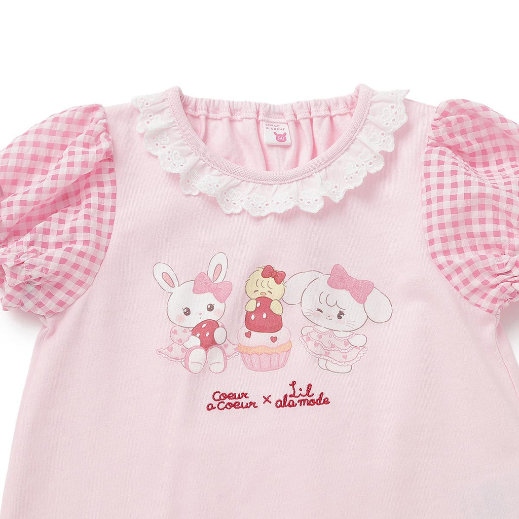 Lil ala mode 袖ギンガムチェックTシャツ（ピンク）