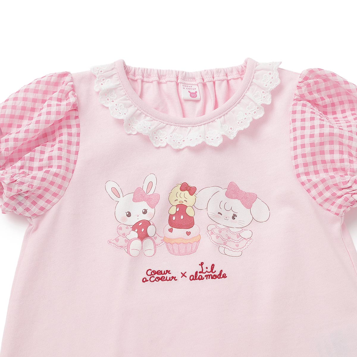 Lil ala mode 袖ギンガムチェックTシャツ（ピンク）