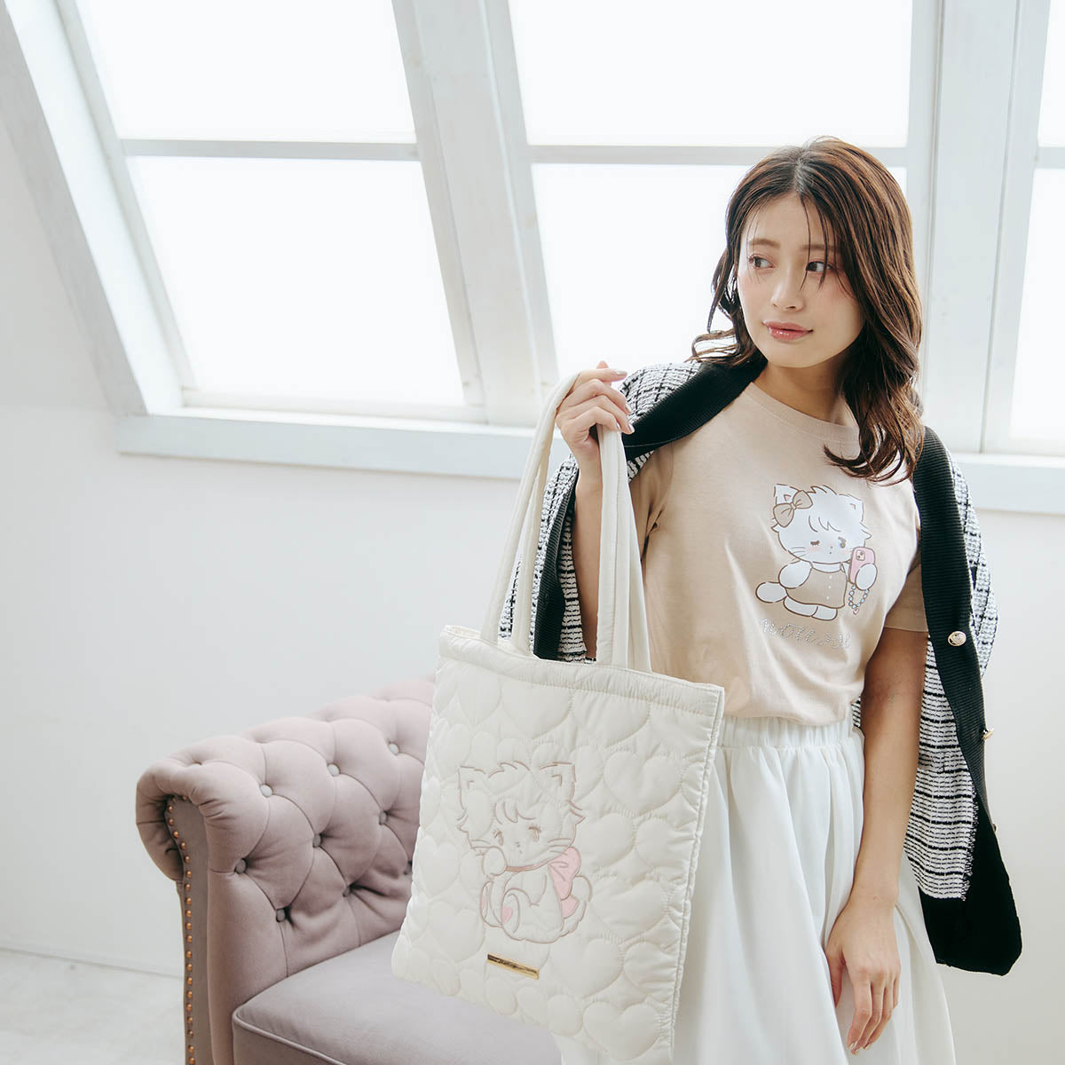 Lil ala mode ハートキルティングトートバッグ ムース ホワイト