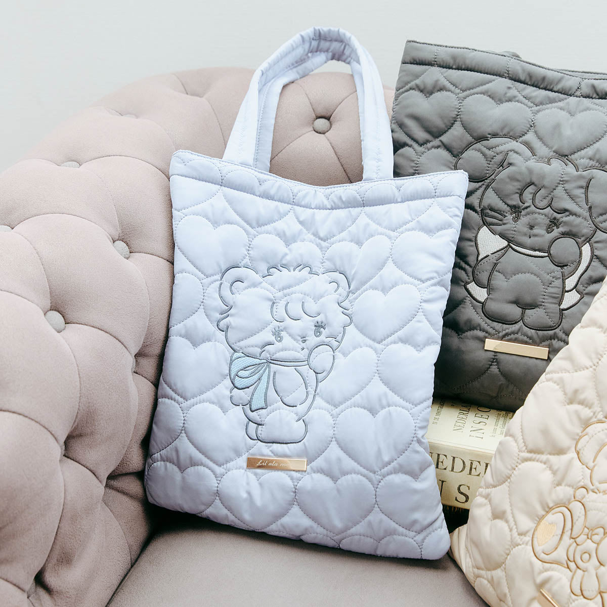 Lil ala mode ハートキルティングトートバッグ ラテ ブルー